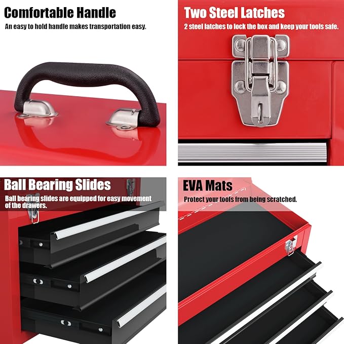 Goplus Tool Box with 3 Drawers, 4-Tier 20.5" Portable Tool Chest Organizer with Top Tool Tray, Auto Lock, Protective Liner, Handle, Steel Metal Small Toolbox for Gargae, Workshop, Home