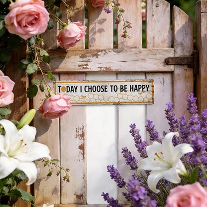 Funny Metal Tin Sign, Vintage Farmhouse Decor, Today I Choose to Be Happy Inspirational Sign, Bee Wall Art for Yard Fence Door Porch, Indoor Outdoor Decoration, 15.7 x 3.9 Inches