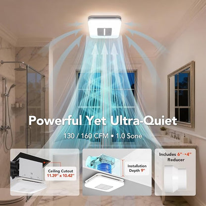 OREiN Matter Smart Bathroom Fan with Light – Humidity Sensor, 130–160 CFM Ventilation, Ultra-Quiet 1.0 Sone, Tunable White & Custom RGB, Dual Bluetooth Speakers, Compatible with Alexa & Google Home