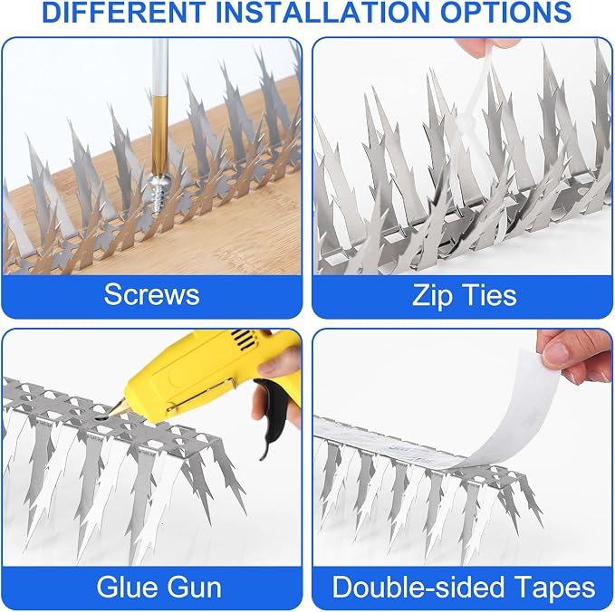 Bird Spikes, 60 Feet Stainless Steel Bird Control Spikes for Outside, Pigeon and Squirrel Blocking Spikes, for Garden Fence Roof and Window - 60 Strips Covers 18m