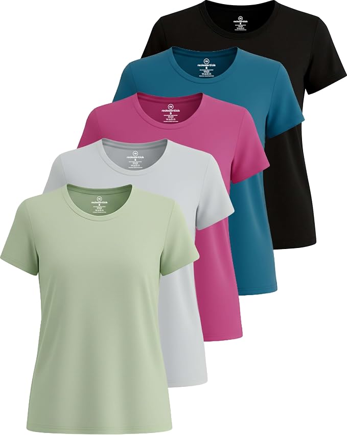 5 Pack Women's Dry Fit Short Sleeve Athletic Gym Workout Running Tops | Available in Plus Size, Exercise, Sports, Fitness, Quick Dry, Cooling, Moisture Wicking, Loose Basic Tees, Yoga, Pilates