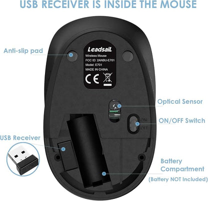 LeadsaiL Wireless Mouse for Laptop, 2.4GHz Silent USB Mouse, Slim Optical Mouse with 3 Buttons, 1600 DPI, Works with Windows, Mac, Chrome OS, Linux - Black and Purple