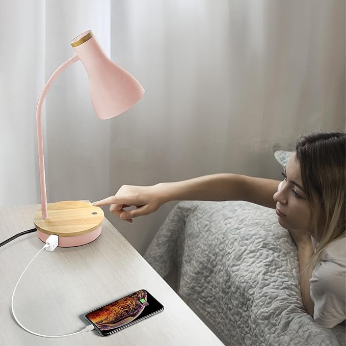 Metal Desk Lamp Touch Reading Lights Table Lamp Arc Desk Lamps for Bedroom, 3 Way Dimmable Bedside Lamp with USB Charging Ports, Reading Lamp for Study Room and Office (Pink-02)