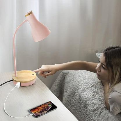 Metal Desk Lamp Touch Reading Lights Table Lamp Arc Desk Lamps for Bedroom, 3 Way Dimmable Bedside Lamp with USB Charging Ports, Reading Lamp for Study Room and Office (Pink-02)