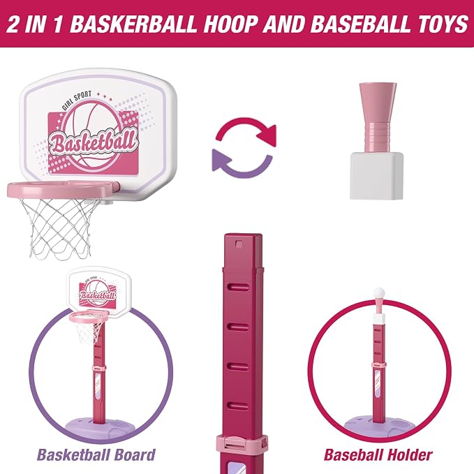 HYES 2 in 1 Kids Basketball Hoop and T Ball Set - Adjustable Height, Kids Baseball Tee with Automatic Pitching Machine, Indoor Outdoor Sport Toys Gifts for Toddler Boys Girls Age 1-5, Pink