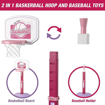 HYES 2 in 1 Kids Basketball Hoop and T Ball Set - Adjustable Height, Kids Baseball Tee with Automatic Pitching Machine, Indoor Outdoor Sport Toys Gifts for Toddler Boys Girls Age 1-5, Pink