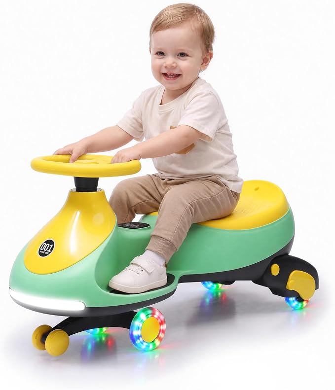 Garvee 12V Electric Wiggle Car for Kids, 2 in 1 Swing Car with Pedal, Anti-Rollover, Max Load 130Lbs,Flashing Wheels, Music,Rechargeable Battery Ride on Toy Indoor Outdoor for Toddlers, Green