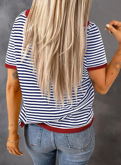 Dokotoo Womens Tops 2026 Casual Summer Crewneck Short Sleeve Striped Color Block Knit High Low Trendy Pullover Sweaters