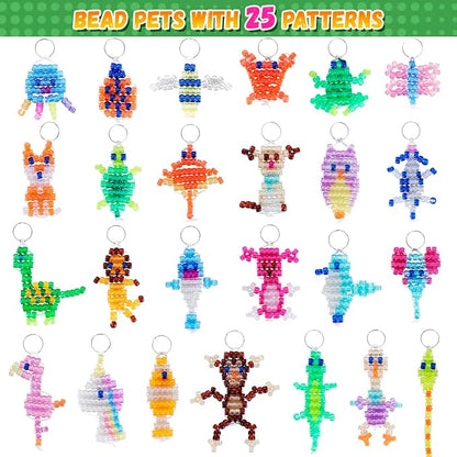Pony Beads Kit for Keychain Making, Glow in the Dark Bead Pets for Kids Beginners，Includes Instructions for 25 Animal Designs and Storage Box, Kids Craft Kit for Rainy Day Group and Family Activities