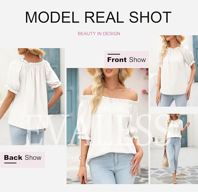 EVALESS Womens Tops Off The Shoulder Blouses for Women Dressy Casual Cute Puff Sleeve T Shirts Fashion 2026