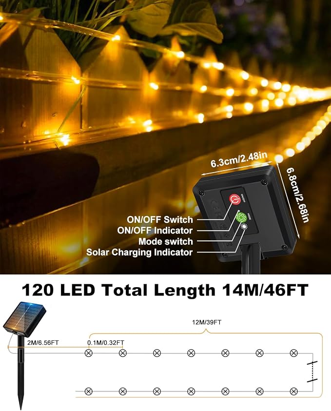 btfarm 2 Pack Solar Rope Lights Outdoor, Total 92FT 240LED Solar String Lights Outside Waterproof, 8 Lighting Mode Solar Powered Trampoline Light for Garden Tree Christmas Yard Party Decor, Warm White