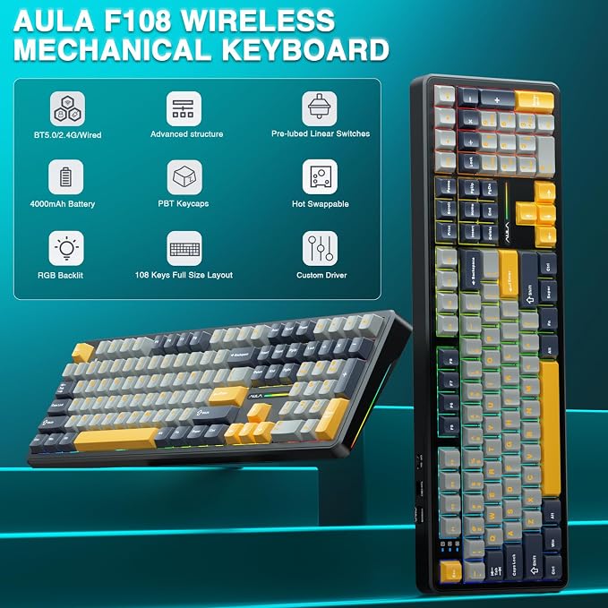 AULA F108 Wireless Mechanical Keyboard, BT5.0/USB-C/2.4GHz Hot Swappable Custom Gaming Keyboards, PBT Keycaps, Pre-lubed Switches, RGB Backlit Full Size Creamy Keyboard with Number Pad, 108 Keys