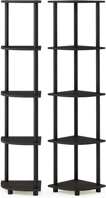 Furinno TURN-N-TUBE Corner Shelf Set of 2, 5-Tier Corner Bookshelf, Open Storage Shelves, for Organization and Storage, Living Room, Home Office, Garage, Espresso