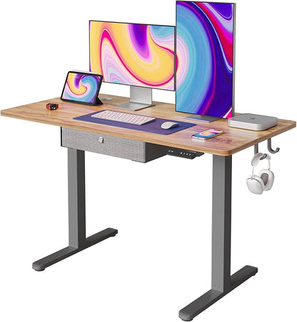 FEZIBO Standing Desk with Drawer, 48 x 24 Inches Adjustable Height Electric Stand up Desk with Storage, Sit Stand Home Office Desk, Light Rustic/Grey Frame