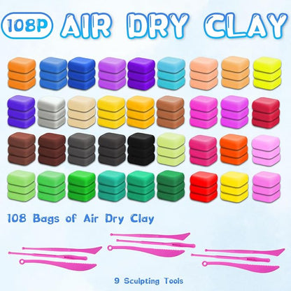 Air Dry Clay-108 Pack 36 Colors Modeling Clay for Kids, Boys and Girls, Air Dry Clay Bulk Kit for Adults with 3 Sculpting Tools and Instructions, Safe, Non-Toxic, DIY Model Magic Clay Gifts Kids Toys