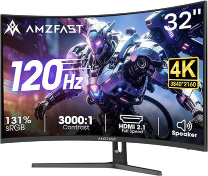 Amzfast 32" 4K 120Hz 1ms Curved Gaming Monitor, 3840x2160 UHD, PIP/PBP, Adaptive Sync, 130% sRGB, 3000:1 Contrast, HDR, 300nits, 1500R, HDMI2.1(VRR)& DP1.4, Built-in Speaker, Eyes Care, VESA Mount