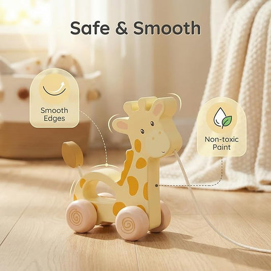 Baby Toys Car,Wooden Pull Along Toddler Toy, Developmental Toy for 1 Year Old Girl Boy Birthday Gift (Small Giraffe)