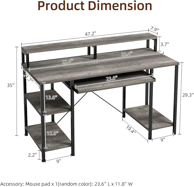 VERMESS Computer Desk- 48 Inch Home Office Desk with Keyboard Tray, 47" Gaming Desk with Full Monitor Stand & Storage Shelves & CPU Stand, Modern Study Writing Table with Shelf for Storage, Gray Oak