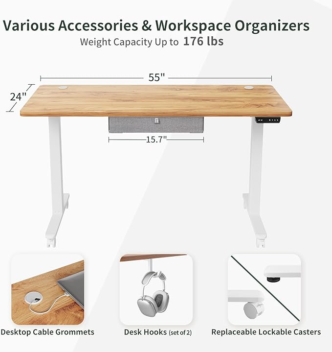 FEZIBO 55 x 24 Inches Standing Desk with Drawer, Adjustable Height Electric Stand up Desk with Storage, Sit Stand Home Office Desk, Ergonomic Computer Desk, Light Rustic