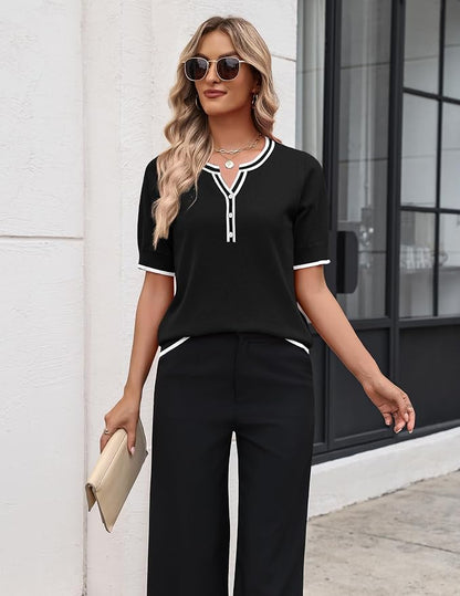 Zeagoo Women's Short Sleeve Sweater 2026 Spring Summer Tops Lightweight Casual V Neck Sweaters Dressy Work Blouses Clothes
