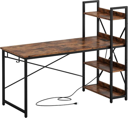 IRONCK Computer Desk 47" with Power Outlet and Storage Shelves,Rustic Brown | Study Writing Table with USB Ports Charging Station, PC Desk Workstation for Home Office