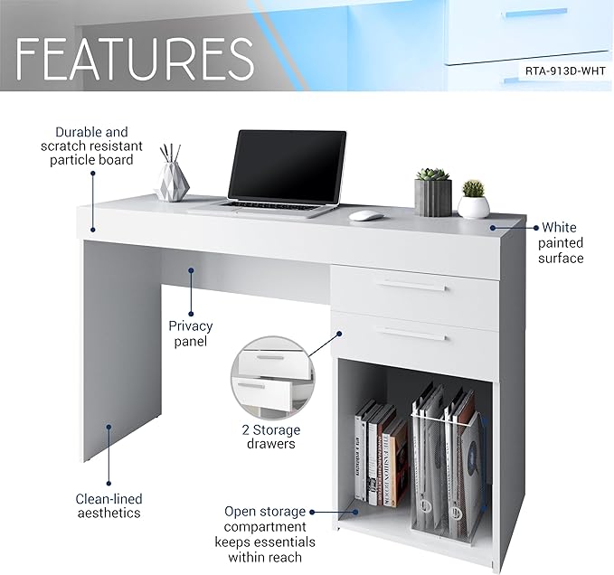 Techni Mobili Computer Home Office or Bedroom Storage & Drawers Ideal for Small Spaces Writing Desk, 47.6" W x 16.1" D x 30.3, White