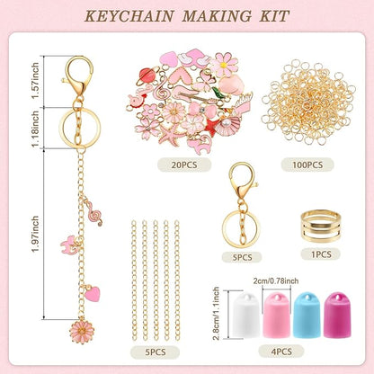Pengxiaomei 135 Pcs DIY Keychain Making Kit for Women, 4 Pcs Lip Gloss Keychains Cap for Summer Fridays Personalized Mothers Day Gifts Bag Charm Kit with Pink Ornaments Jewelry Accessory