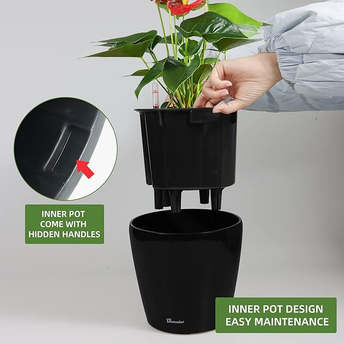 Dexceder 11x10 Inches High Gloss Self Watering Planter Indoor Outdoor, Inner Pot Design, Thickened Table Flower Plant Pot with Water Level Indicator (Black)