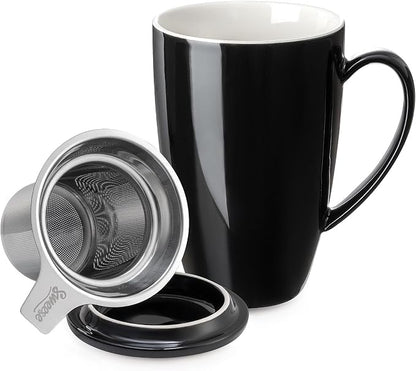 Sweese 15 OZ Porcelain Tea Mug with Infuser and Lid, Loose Leaf Tea Cup, Gifts for Tea Lover, Black