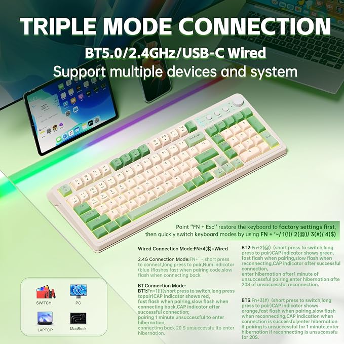 AULA S99 Gaming Keyboard, Wireless Green Creamy Computer Keyboards | Tri-Mode Bluetooth/2.4GHz/USB-C Membrane Keyboard with Number Pad,99Keys,RGB Backlit,Programmable,Creamy Silicone Structure