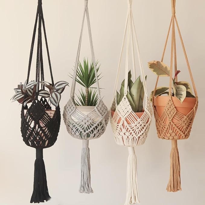 Hanging Planter with Patterns,4Packs Macrame Plant Hangers Indoor Macrame for up to 8 inch Pot Crochet Boho Plant Hanger Holder for Indoor Outdoor with 4S Shaped Stainless Steel Hooks (4colors)