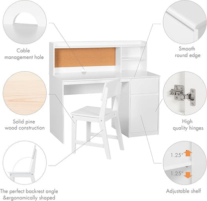 UTEX Wooden Kids Desk and Chair Set with Hutch and Storage for Ages 5-12 | Kids Study Table with Cork Bulletin Board, School Desk, Multi-Zone Storage, Water-based Paint Finish for Study Room