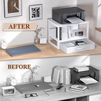 MARTY Printer Stand with Storage Drawer for Desk, 2-Tier Desktop Printer Stand Shelf Organzier for Home Office Printer Riser Under Desk Small Printer Table for Fax Machine Copier Scanner (White)