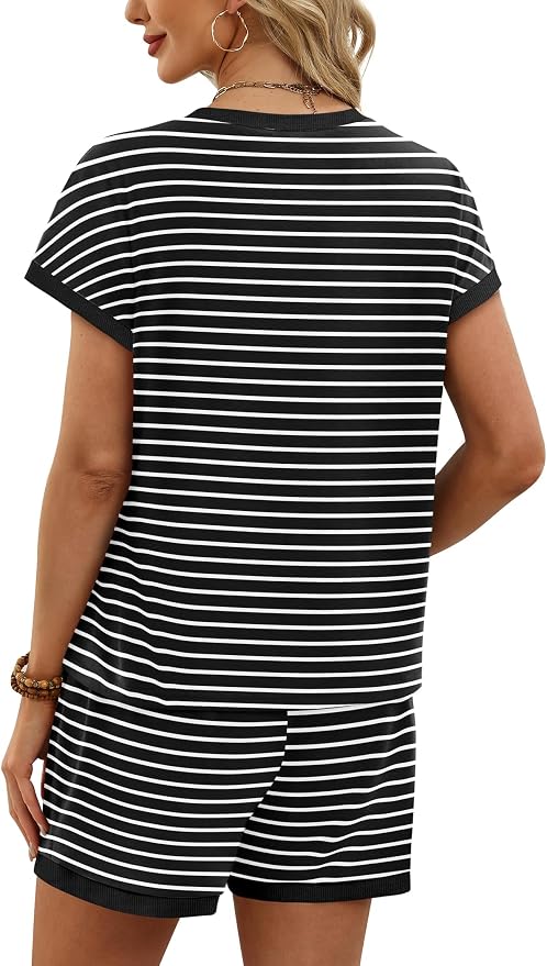 WIHOLL Two Piece Sets for Women Summer Lounge Short Sets Cap Sleeve Crew Neck Sweatsuit with Pocket XS-2XL