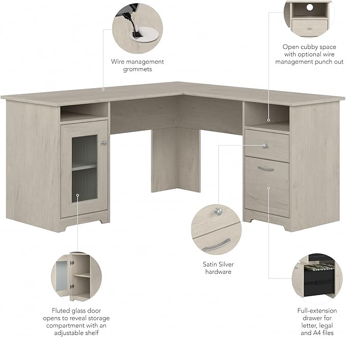 Bush Furniture Cabot 60W L Shaped Computer Desk with Storage in Linen White Oak