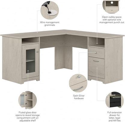 Bush Furniture Cabot 60W L Shaped Computer Desk with Storage in Linen White Oak
