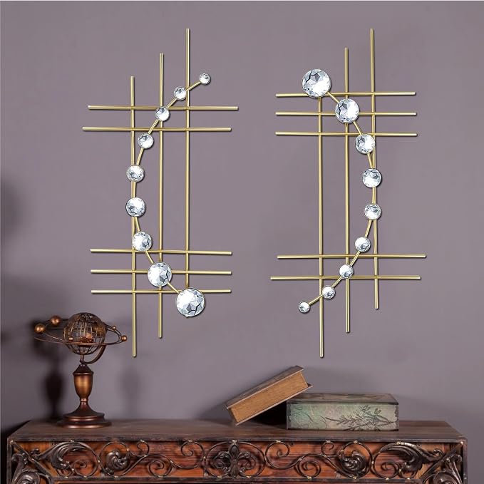 ZEXUIRU 2 Pcs Abstract Metal Art for Wall Decor Living Room Bedroom Bathroom Office Metal Bling Modern Geometric Hanging Vertical Small Iron Sculpture Plaque Pack -Gold 24in