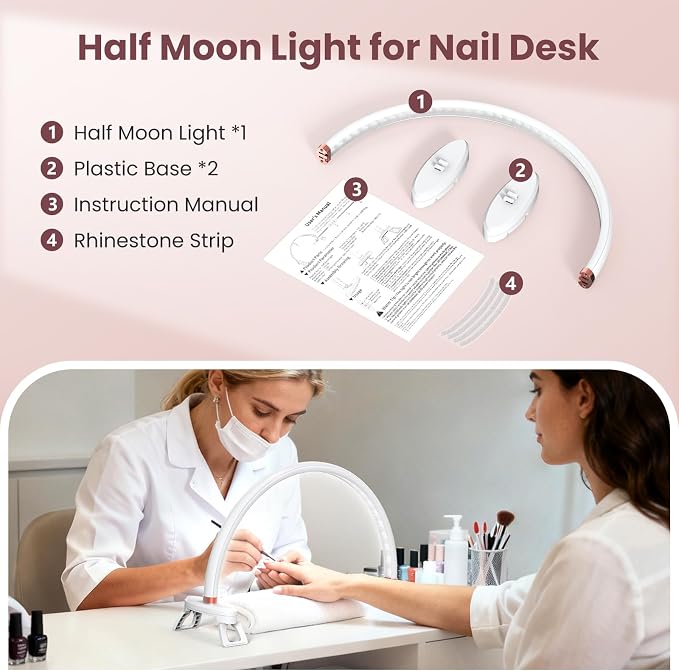 Yokilly Arc Half Moon Light: 16" Half Moon Light with Foldable Bracket for Desk Salon Table Use - No Flicker & Shadow-Free Desk Lamp with Stepless Brightness 3000-6500K for Manicurist Nail Tech