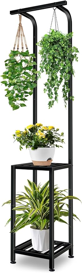 Plant Stand Indoor Outdoor, 65" Tall Plant Stand Outdoor 3 Tiered Hanging Plant Shelf Heavy Duty Flower Stand Multiple Plant Metal Display Rack for Living Room Garden Balcony