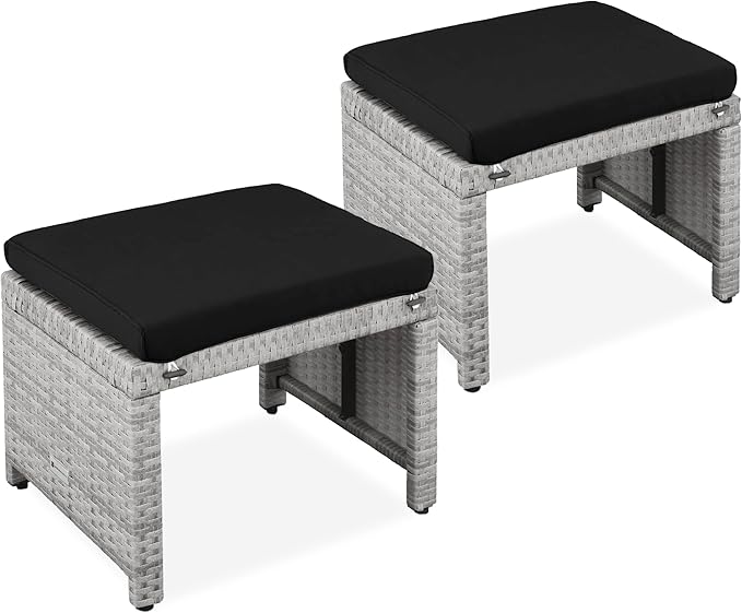 Best Choice Products Set of 2 Wicker Ottomans, Multipurpose Outdoor Furniture for Patio, Backyard, Additional Seating, Footrest, Side Table w/Removable Cushions, Steel Frame - Gray/Black