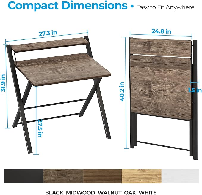 GreenForest No Assembly Folding Desk, 2-Tier Compact Computer Desk with Shelf, 30 inch Space Saving Foldable Table for Home Office, Dorm or Apartment, Portable Collapsible Sturdy Laptop Desk, Brown | Portable Foldable Table for Laptop, 2-Tier Compact w...