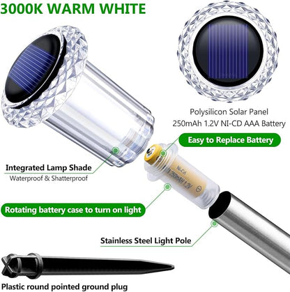 DenicMic Solar Garden Lights Outdoor Waterproof 10Pack 3000K Warm White LED | Pathway Walkway Driveway Yard Garden Decor for Outside Starburst Light Pattern, Diamond-like Lampshade Stainless Steel Pole