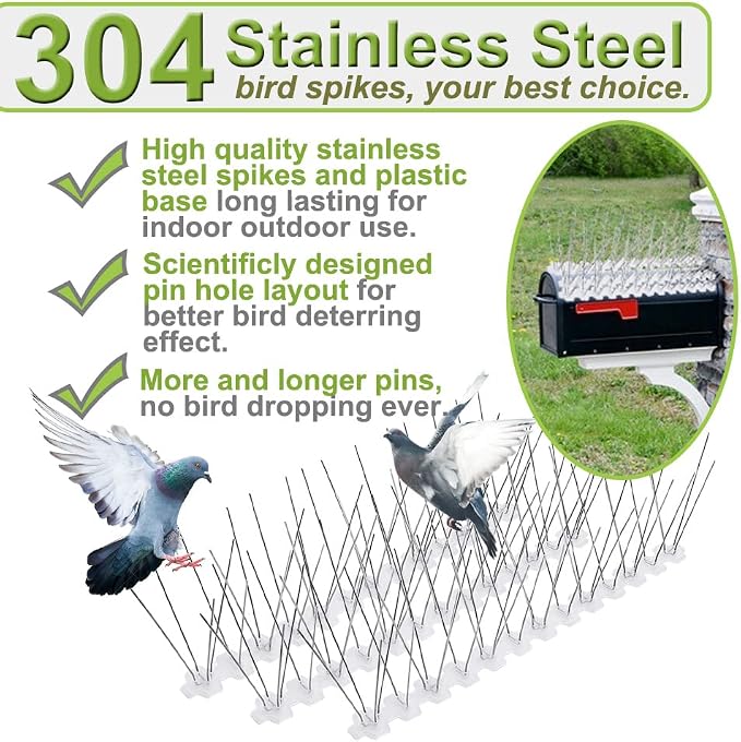 Bird Spikes Stainless Steel 100ft Coverage 93 Pack for Pigeons Small Birds Outdoor Use Bird Prevention Strips for Fence Woodpeckers with 304 Stainless Steel Pins and Plastic Base Not Rusty