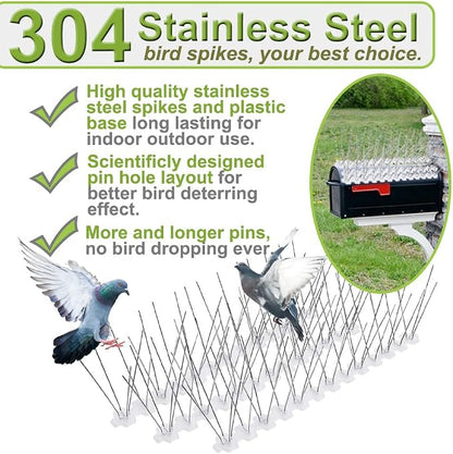 Bird Spikes Stainless Steel 100ft Coverage 93 Pack for Pigeons Small Birds Outdoor Use Bird Prevention Strips for Fence Woodpeckers with 304 Stainless Steel Pins and Plastic Base Not Rusty