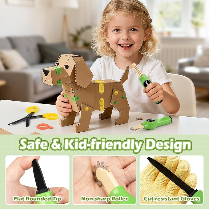 Vanplay Cardboard Cutter for Kids - Cardboard Tools for Kids, Cardboard Cutting Tool Set with Fold-Roller & Gloves, STEM Educational Construction Toys Gift for 5-9 Year Old Boys Girls