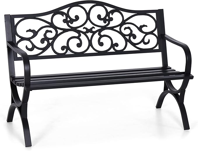 Sophia & William 50" Outdoor Garden Bench Patio Park Bench, Cast Iron Metal Frame Furniture with Floral Design Backrest for Porch Yard Lawn Deck, Black