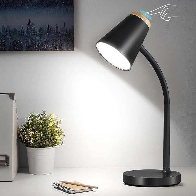 EJIAXIN Desk Lamp for College Dorm Room - Small LED Desk Lamp Touch Dimmable Reading Light for Home Office - Adjustable Flexible Gooseneck Table Lamp for Bedside Bedroom Nightstand Black