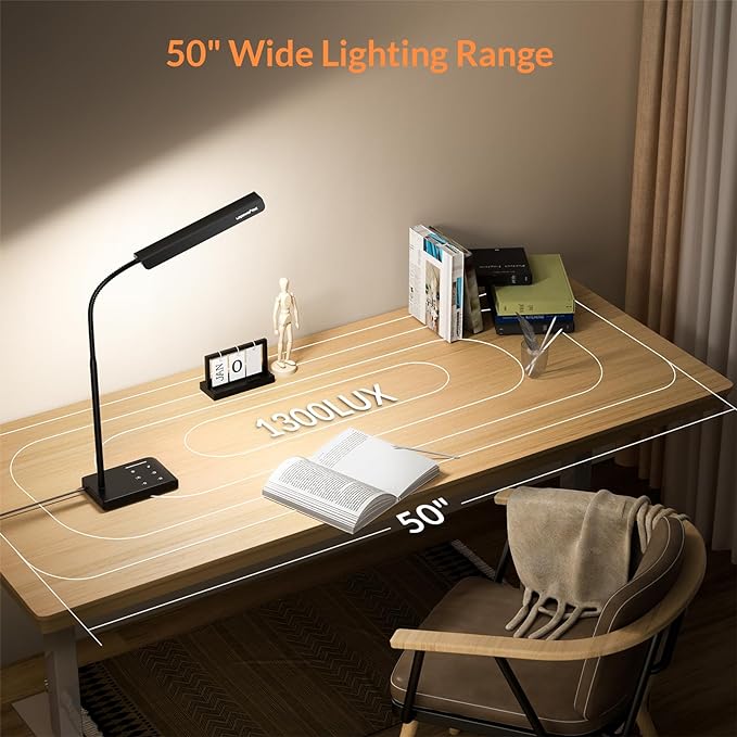 LED Desk Lamp, 12W Reading Desk Lamp for Office Home with 60 Lighting Modes, Touch Control & Timer Function, 750LM Bright Eye-Caring Gooseneck Desk Light Table Lamp for Study, Work, Black