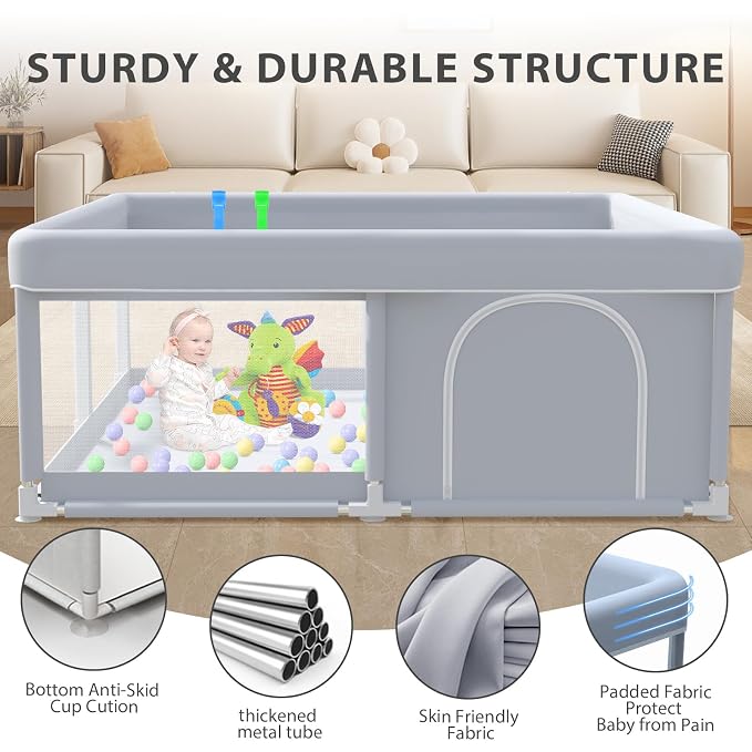 XVISHX Baby Playpen 50 x 50 Inch Play Pen Playards, Playpen for Babies and Toddlers, Baby Playard for Indoor & Outdoor Active Center Game Fence, with Skin-Friendly Fabric and Soft Breathable Mesh Grey