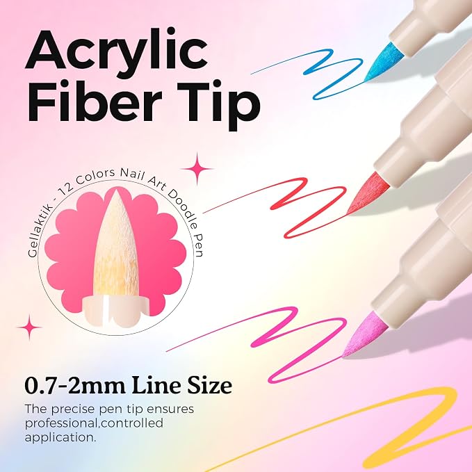 12 Colors Nail Art Pens Set, 3D Nail Polish Pens, Quick-Drying Acrylic Paint Markers, 0.7mm Dotting Painting Liner Brush for DIY Nail Design, Home & Salon Manicure Tools